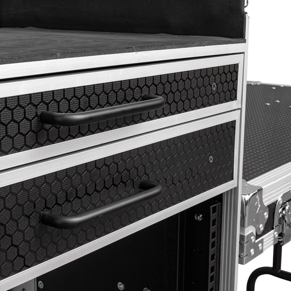 Close up on drawers of Titan AV Workstation 19" Mixer Rack Road Case